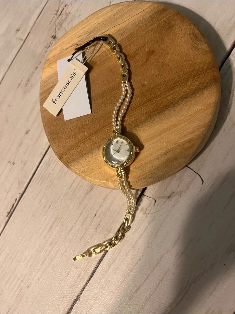 Francesca's Collections Gold and White Pearl Accent Bracelet Watch
